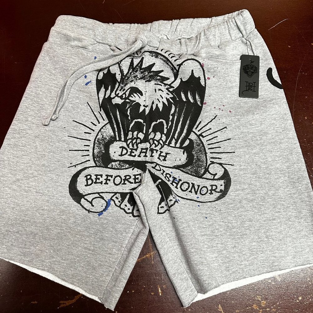 Ed Hardy Mens Gray Heather Elastic Waist Pockets Graphic Sweat Shorts Size L XL